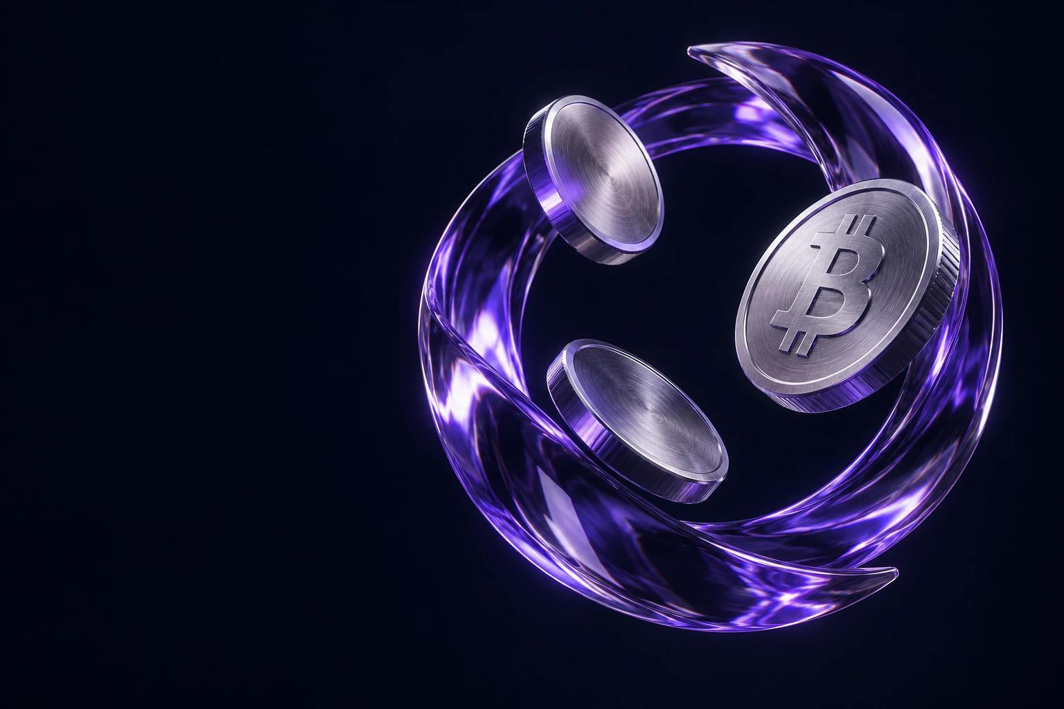 Silver coins and a violet glass exchange orbit