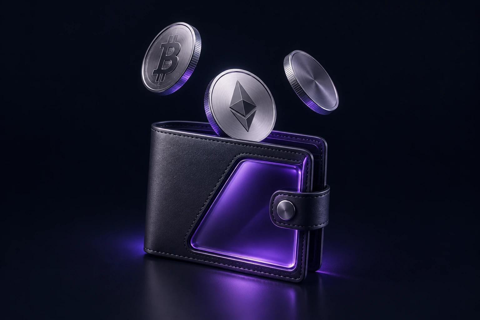 Graphite wallet with floating silver digital currency coins